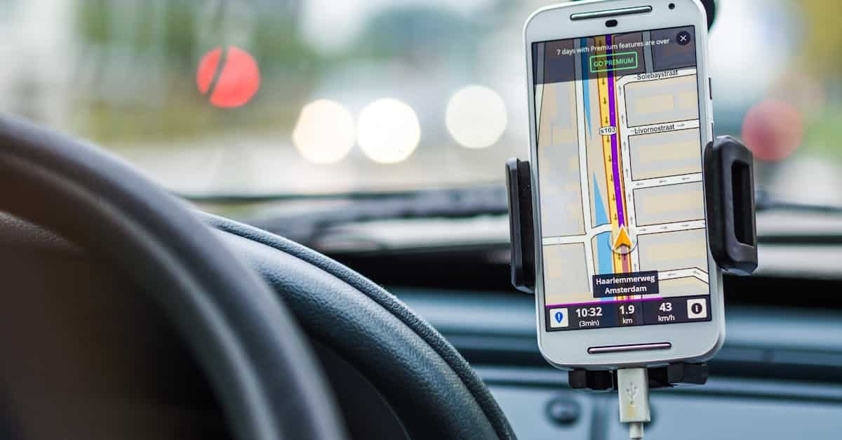Smartphone mounted in car using GPS for navigation and directions.