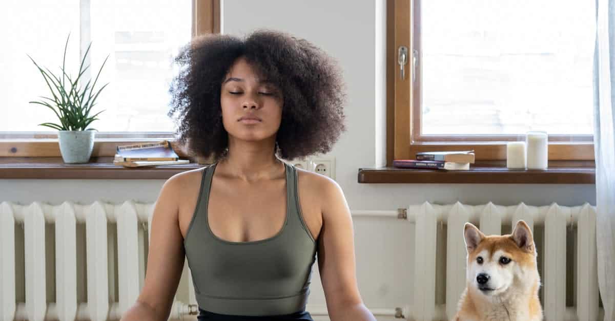 A woman practices yoga meditation at home with her dog, creating a calm and peaceful environment.