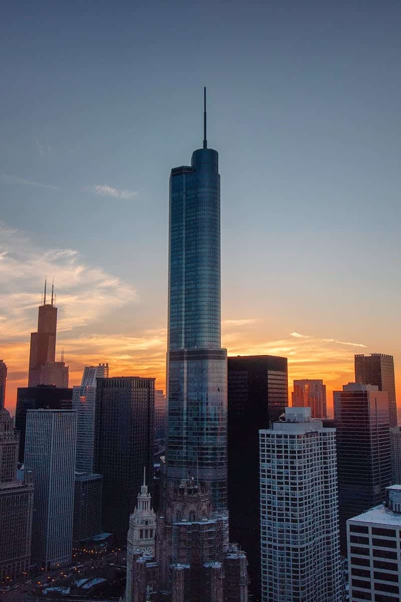 Breathtaking view of Chicago's skyline with iconic skyscrapers at sunset, capturing the city's urban architecture.